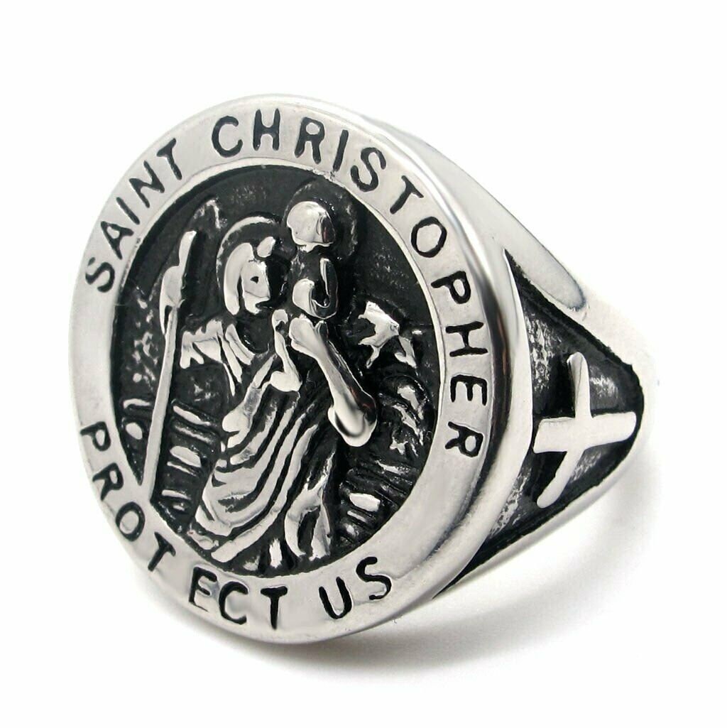 Saint Christopher Ring St Christoph Signet Ring Christ Child Jewelry  Catholic Bishop Deacon Christian Protect Us Silver 925 24k-gold-plated 