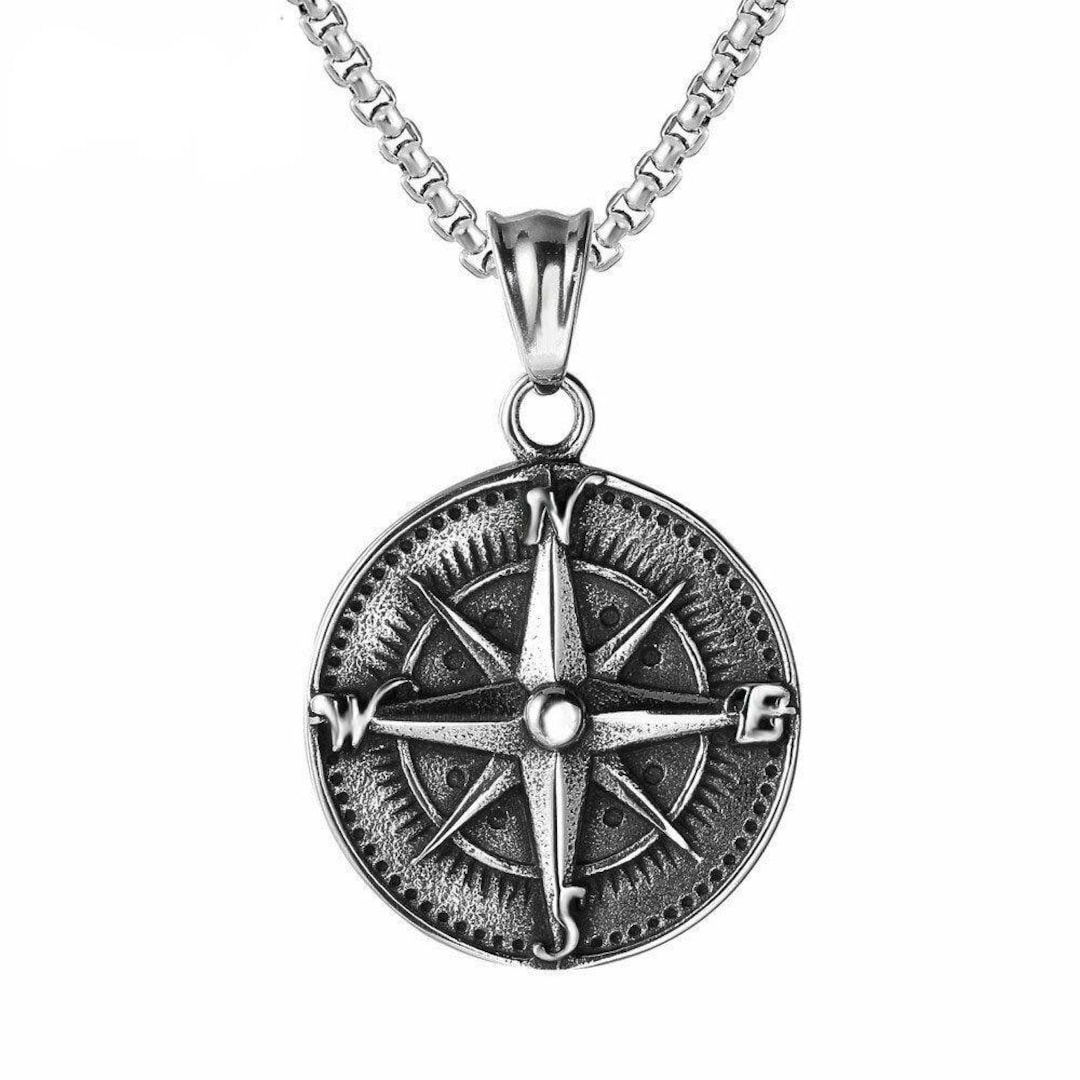 Mens Nautical North Star Compass Pendant Necklace Stainless Steel Etsy