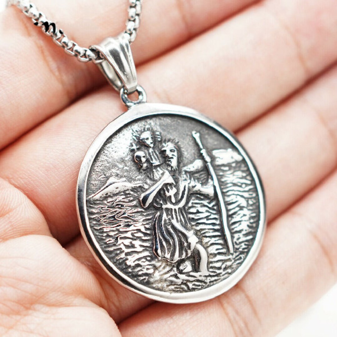St Saint Christopher Medal Pendant Necklace in Stainless Steel for Men ...