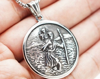 St Saint Christopher Medal Pendant Necklace in Stainless Steel for Men Women
