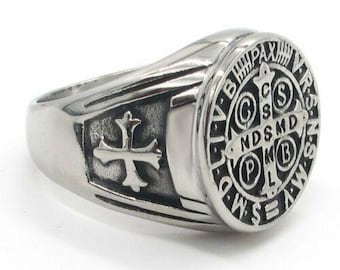 Men's Catholic St Saint Benedict Cross Ring Genuine Stainless Steel