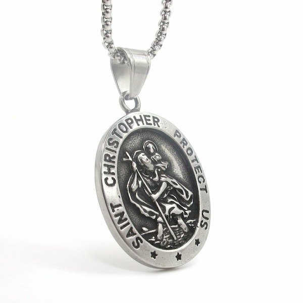 St Saint Christopher Pendant Necklace for Men Genuine Stainless Steel