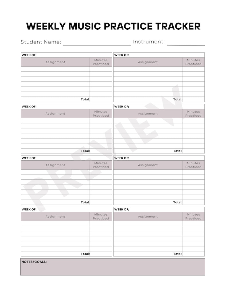 Printable Music Practice Tracker, Weekly Assignment Sheet (digital ...