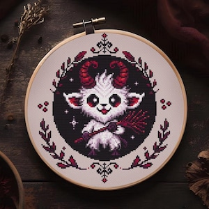 Little Krampus Familiar – Cute Gothic Cross Stitch Pattern PDF – Dark Christmas Demon Embroidery Design Xmas Decor, Instant Download