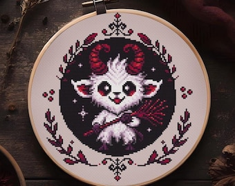 Little Krampus Familiar – Cute Gothic Cross Stitch Pattern PDF – Dark Christmas Demon Embroidery Design Xmas Decor, Instant Download