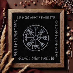 Schema per punto croce Vegvisir - Disegno di bussola vichinga norrena, simbolo runico nordico, pagano (Download PDF)
