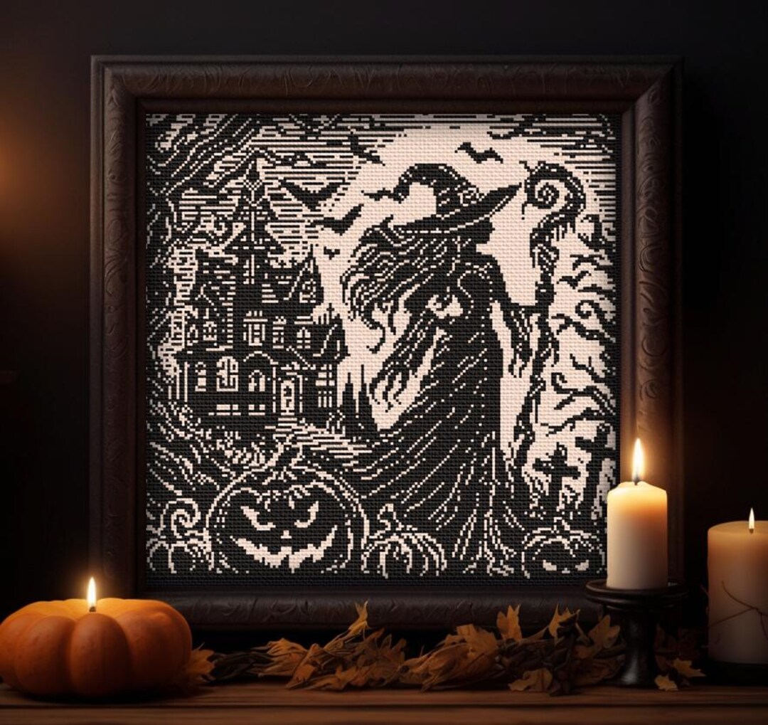Halloween Woodcut Witch Cross Stitch Pattern - Spooky Haunted House ...