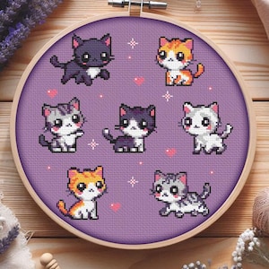 Kawaii Katzen Kreuzstichmuster PDF, süße Kitten Anfängerfreundlich, Pixel Kätzchen Stickerei, Geschenk Katzenliebhaber,Sofort-Download
