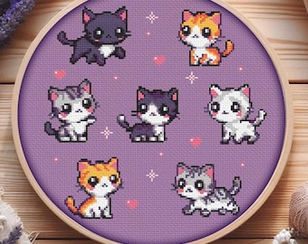 Kitten Cross Stitch Pattern - Cute Pixel Kawaii, Cat Lover Gift for Beginner (Instant PDF Download)