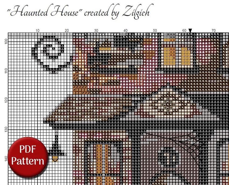 The image is a cross-stitch pattern depicting a house, with a large house in the center and smaller houses surrounding it. The pattern includes a variety of colors and shapes, creating a visually interesting and detailed design.