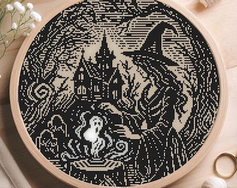 Patrón de punto de cruz de bruja en xilografía en PDF, bordado gótico de Halloween que brilla en la oscuridad, diseño mágico de brujería, descarga instantánea.