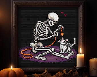 Skeleton and Cat Cross Stitch Pattern - Spooky Cute Gothic Halloween Decor, Kitten Lover (Instant PDF Download)