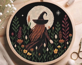 Mystic Garden Witch Cross Stitch Pattern - Halloween Gothic Wall Decor - PDF Instant Download