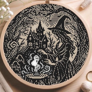 Witch Woodcut Cross stitch pattern, Gothic Summoning Halloween Glow in Dark PDF, Witchcraft magical