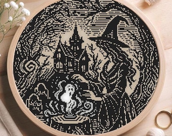 Witch Woodcut Cross stitch pattern, Gothic Summoning Halloween Glow in Dark PDF, Witchcraft magical