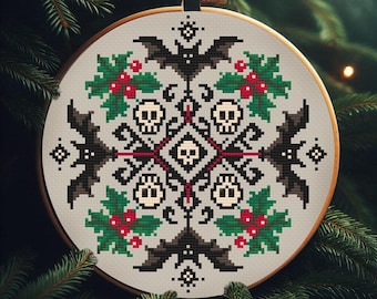 Patrón de punto de cruz de murciélagos navideños - Adorno de mandala gótico (descarga instantánea en PDF)