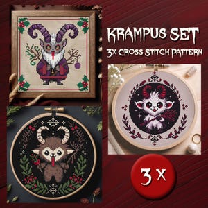Puede incluir: Se muestran tres patrones de punto de cruz de Krampus. Uno está enmarcado, con una criatura con cuernos con una larga lengua y una túnica morada. Los otros dos están en aros de bordado, mostrando diseños similares sobre un fondo oscuro con acentos festivos. El texto "KRAMPUS SET" es visible.
