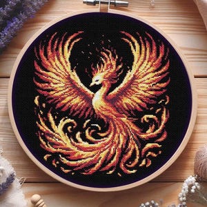 Phönix Kreuzstich Vorlage PDF — Fantasy Feuervogel Stickmuster Modern, Mythologie Wandkunst, Stickbild Wiedergeburt, Digitaler Download