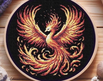Phoenix Cross Stitch Pattern - Vibrant Mythical Rebirth Decor, Fantasy Rising Firebird (PDF Instant Download)