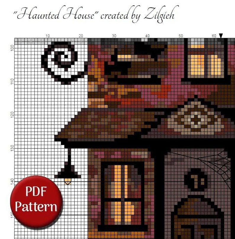 The image is a cross-stitch pattern depicting a house, with a spiral design on the left side. The pattern is labeled as a "DOT Pattern" and is described as a "DOT Pattern" in the image.