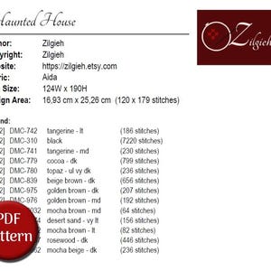 a list of various fabric swatches and their corresponding color names, along with information about the grid size and design area. The text is in English and provides details about the fabric and the pattern.