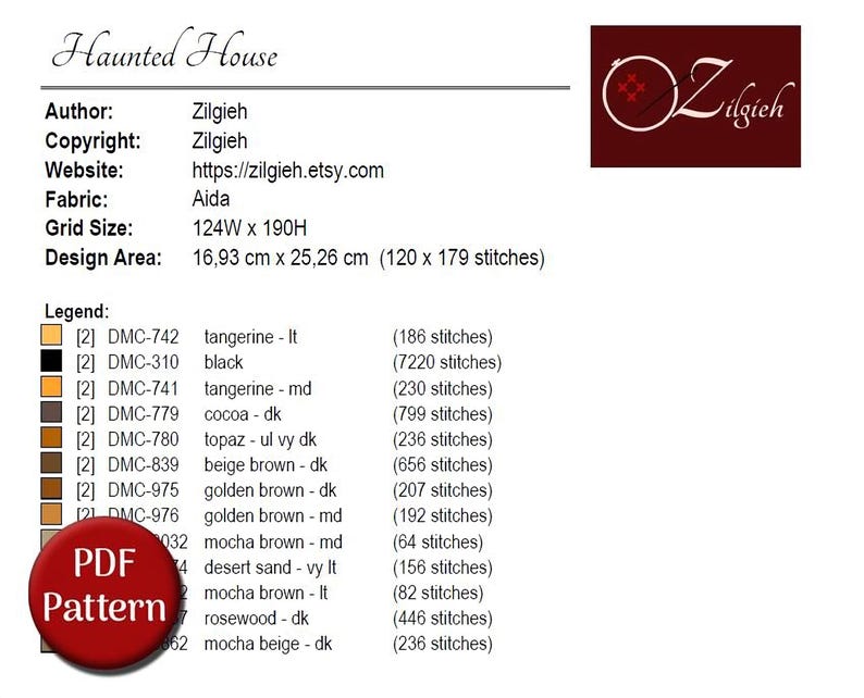 a list of various fabric swatches and their corresponding color names, along with information about the grid size and design area. The text is in English and provides details about the fabric and the pattern.