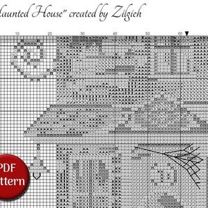 The image is a cross-stitch pattern with a title that reads "Haunted House" created by Zilgich. The pattern is detailed and includes various elements such as a spider web, a house, and other geometric shapes. The image is a part of a larger collection of cross-stitch patterns, and it is described as a "cross-stitch pattern" and "cross-stitch pattern" in the provided text.