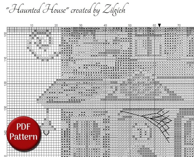 The image is a cross-stitch pattern with a title that reads "Haunted House" created by Zilgich. The pattern is detailed and includes various elements such as a spider web, a house, and other geometric shapes. The image is a part of a larger collection of cross-stitch patterns, and it is described as a "cross-stitch pattern" and "cross-stitch pattern" in the provided text.