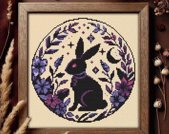 Dark Rabbit Cross Stitch Pattern - Spooky Gothic Easter Bunny Witchy Cottagecore (Instant PDF Download)