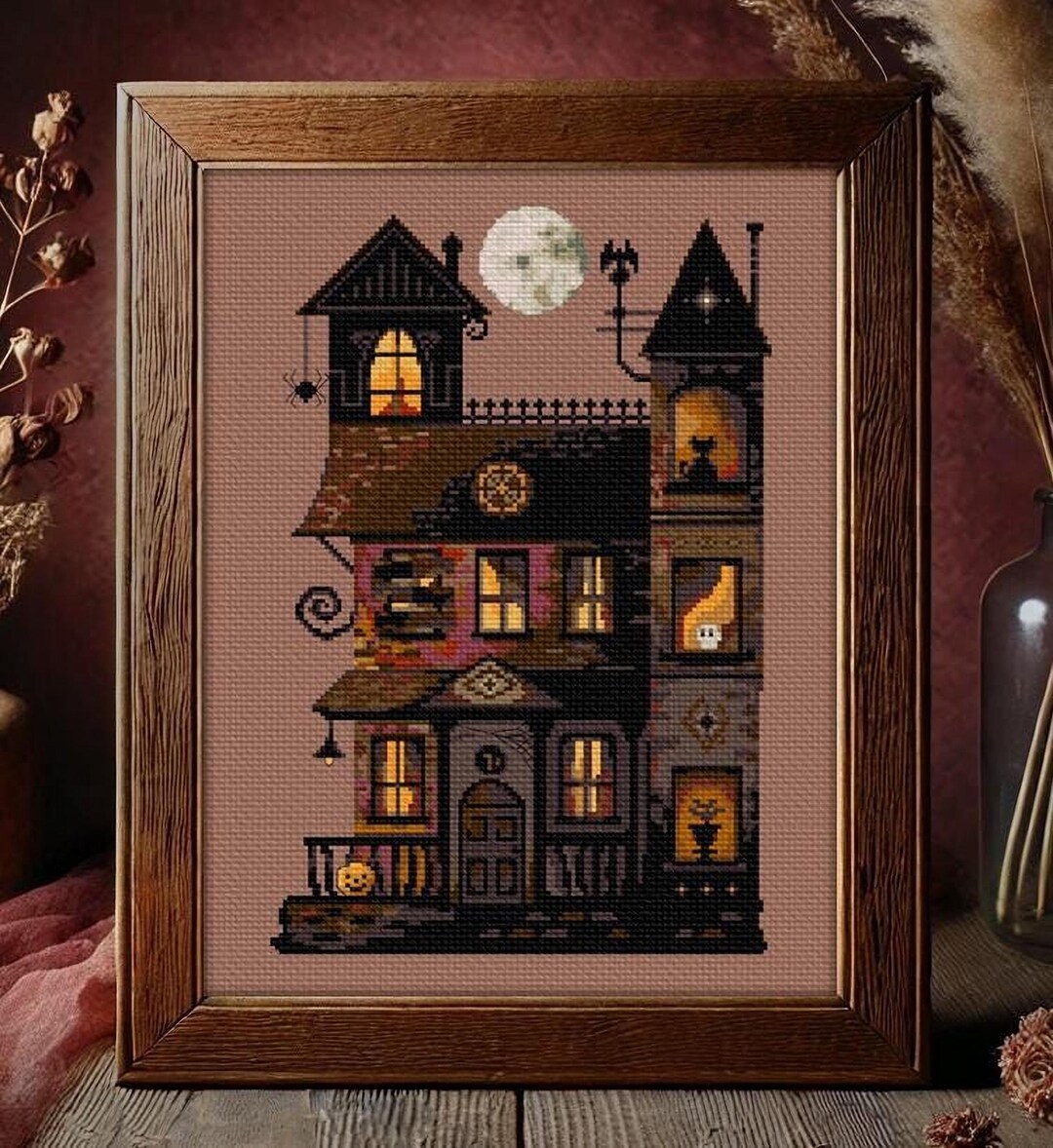 Haunted House Cross Stitch Pattern - Spooky Victorian Mansion Halloween ...