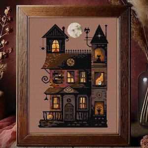 Schema per punto croce "Casa infestata" - Spettrale villa vittoriana gotica per Halloween (PDF, download immediato)