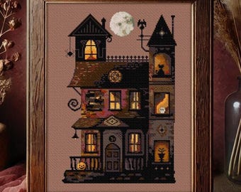 Haunted House Cross Stitch Pattern - Spooky Victorian Mansion Halloween Gothic (PDF Instant Download)