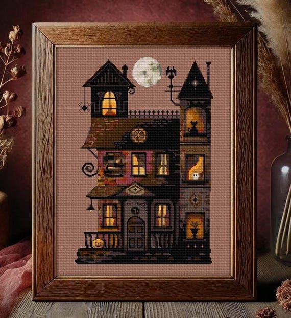 Haunted House Cross Stitch Pattern - Spooky Victorian Mansion Halloween Gothic (PDF Instant Download)
