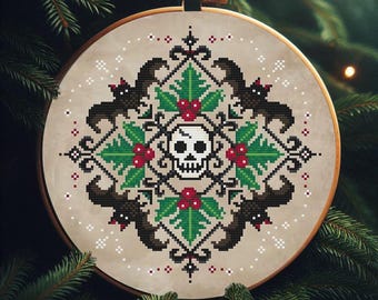 Gothic Cross Stitch Pattern - Christmas Holly Bats, Dark Holiday Decor (PDF Instant Download)
