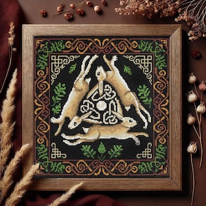 Three Hares Cross Stitch Pattern – Ancient Symbol Magic Celtic Knotwork & Medieval Folklore Pagan gothic witchy Design | PDF Download