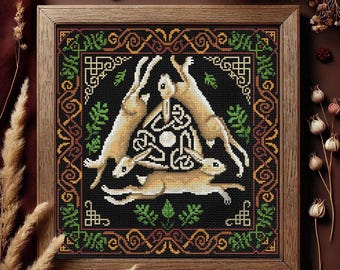 Three Hares Cross Stitch Pattern PDF, Ancient Celtic Knotwork Embroidery, Medieval Folklore Pagan Rabbits, Witchy Wall Art Instant Download