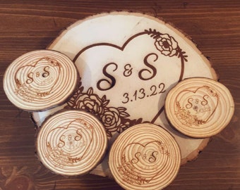 Laser Engraved Wood Slice Centerpiece & Coaster Sets