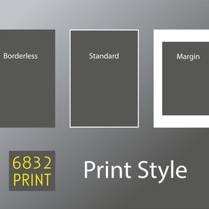 以下が含まれることがあります： 3つの異なる印刷スタイルが表示されています。ボーダーレス、標準、マージンです。テキスト「6832 PRINT」は黄色のボックス内にあります。