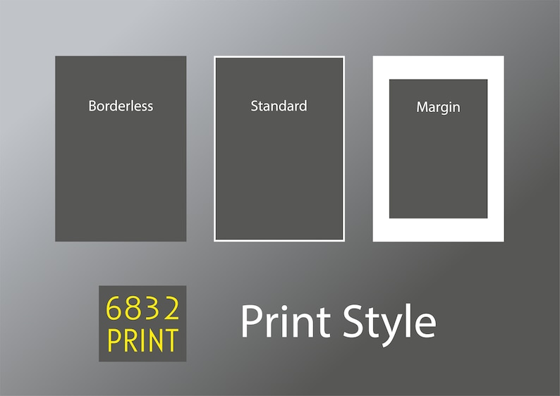 以下が含まれることがあります： 3つの異なる印刷スタイルが表示されています。ボーダーレス、標準、マージンです。テキスト「6832 PRINT」は黄色のボックス内にあります。