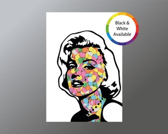 May include: Black and white illustration of a woman's face with a colorful confetti pattern. The text "Black & White Available" is in a circle above the woman's head.