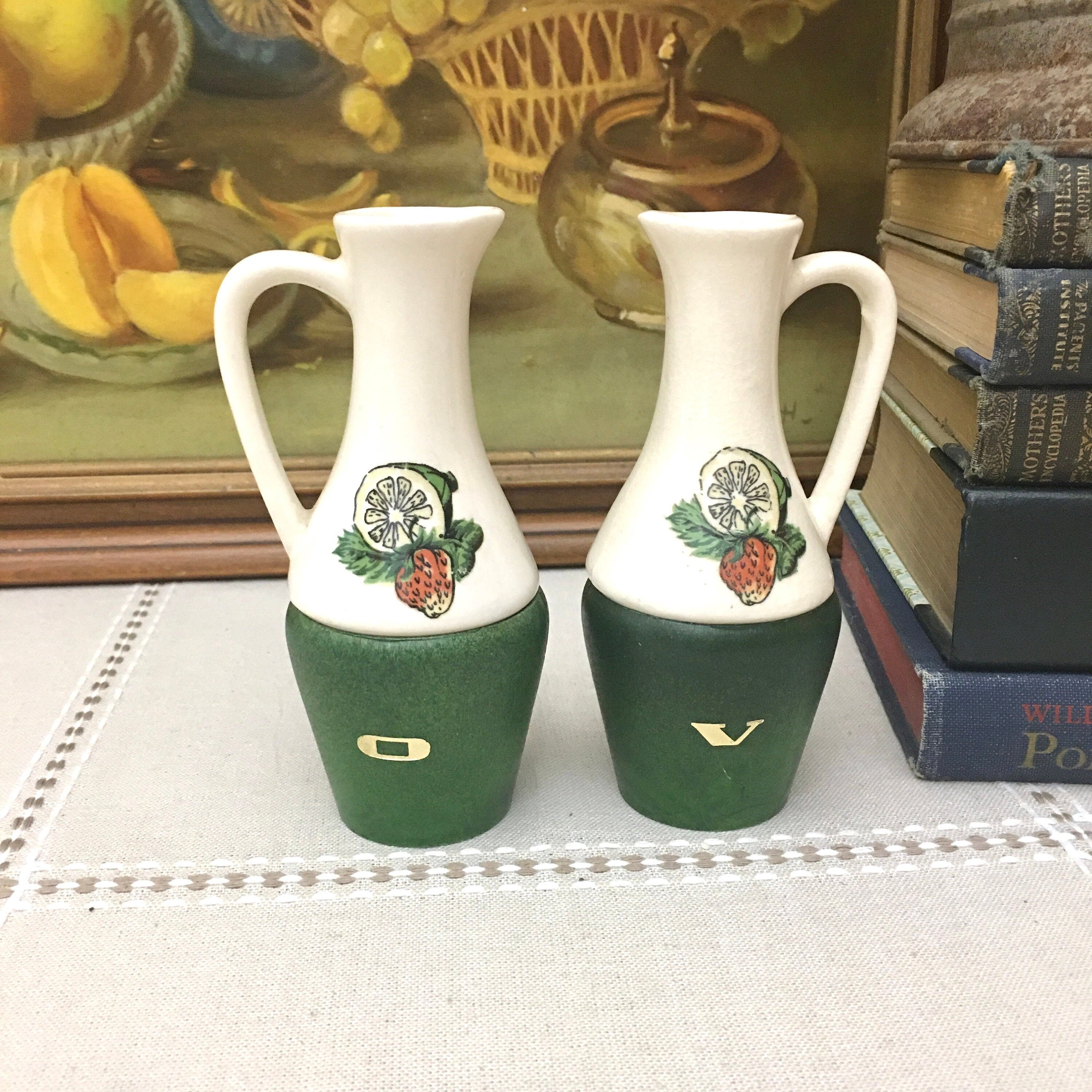 Vintage Mid Century Wood and Ceramic Oil and Vinegar Set Etsy