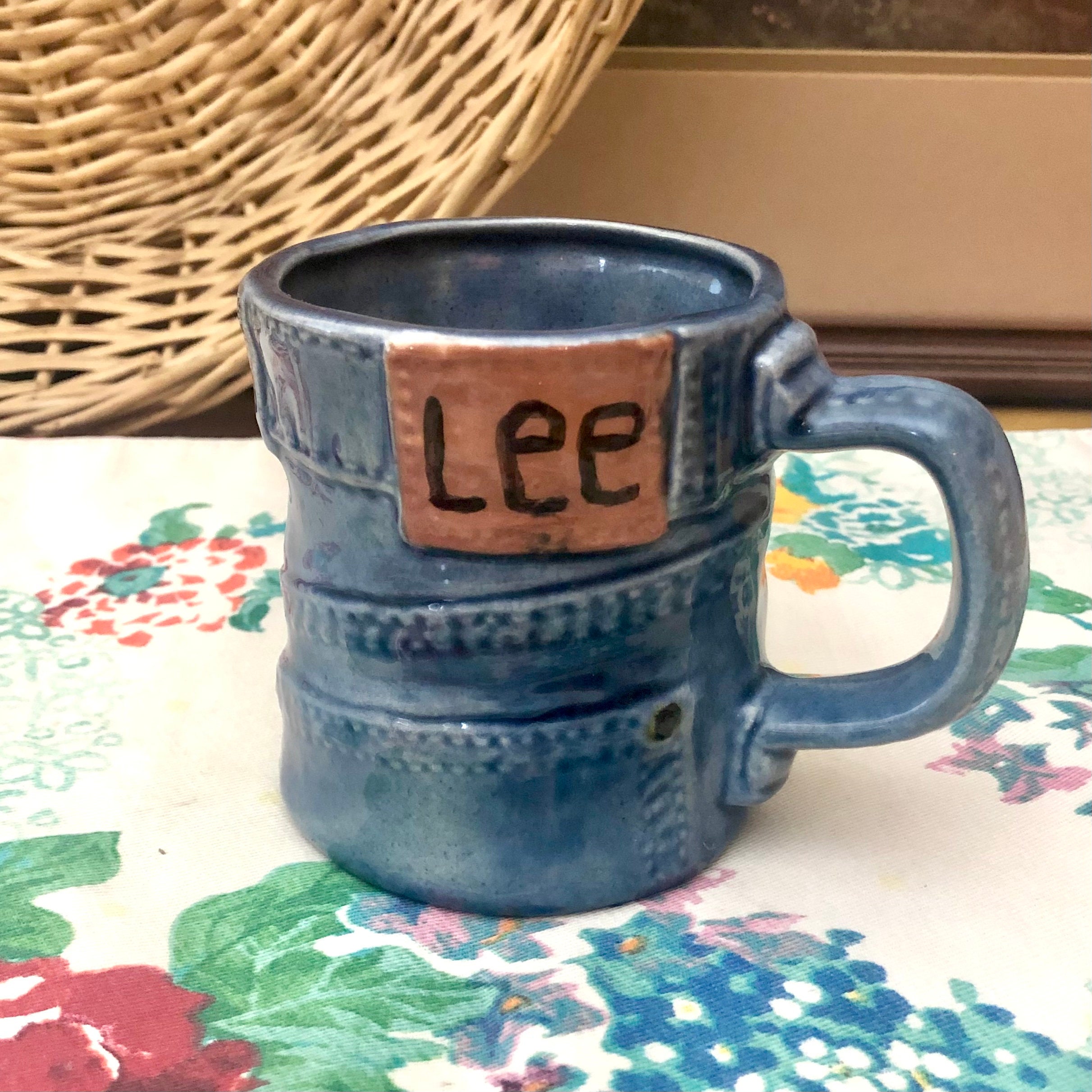 Vintage Lee Jeans Advertising Coffee Mug Plastic Wide Bottom Travel No Spill  Red