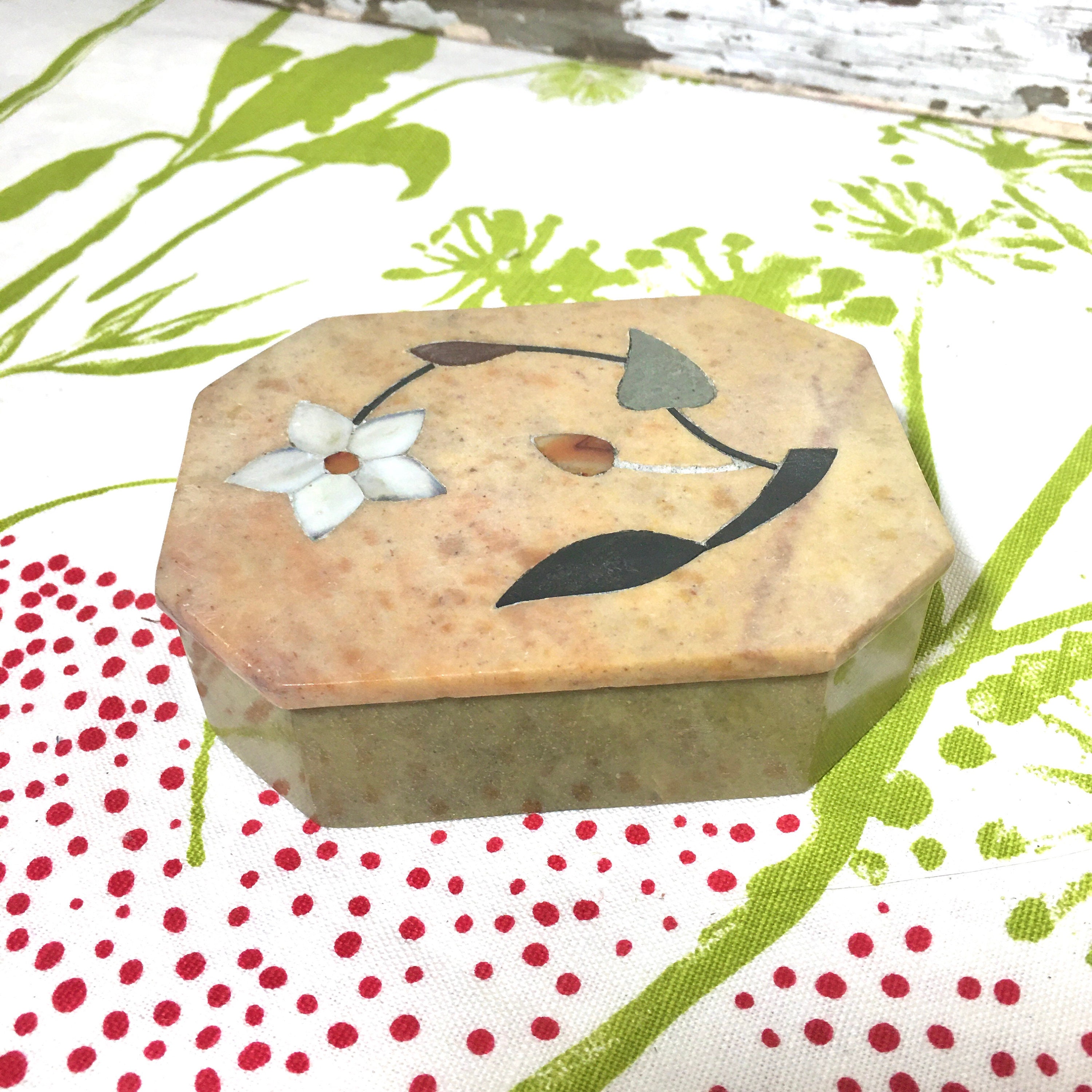 Vintage Soapstone Trinket Box With Inlaid Abalone Shell Flower Etsy