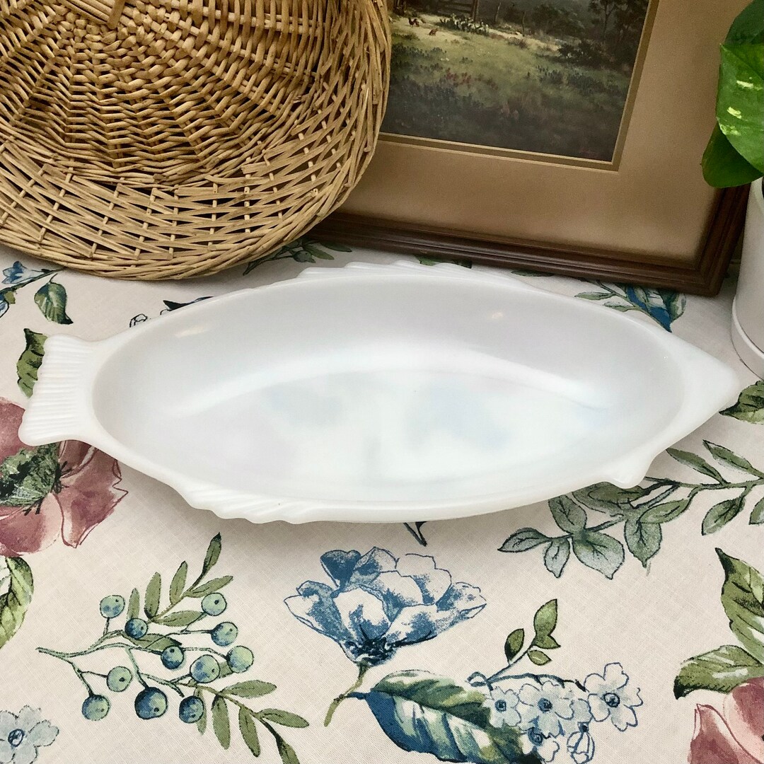 Vintage Glasbake Milk Glass Fish Platter Etsy