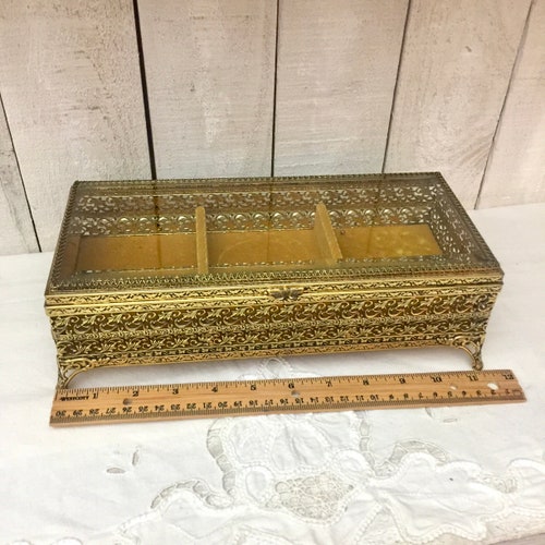 Hollywood Regency Gold Gilded shops Brass Filagree Jewelry Box
