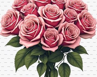 Conjunto de clipart com 10 rosas cor-de-rosa, buquê de rosas em aquarela, clipart floral para impressão, download digital de PNG para scrapbooking, artesanato em papel, diários de sucata