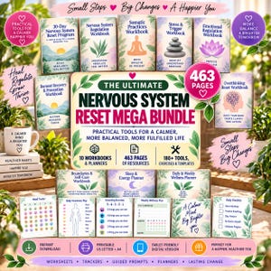 Puede incluir: Un paquete de productos digitales titulado The Ultimate Nervous System Reset Mega Bundle, que incluye 10 libros de trabajo y planificadores con 463 páginas de recursos, incluyendo rastreadores, planes de bienestar y ejercicios de conexión.
