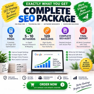 Puede incluir: Un gr&aacute;fico de marketing digital titulado COMPLETE SEO PACKAGE. Enumera servicios que incluyen 10 p&aacute;ginas de optimizaci&oacute;n, 5-10 palabras clave, 120 backlinks, una auditor&iacute;a SEO y un informe final. Un port&aacute;til muestra una barra de b&uacute;squeda Google.