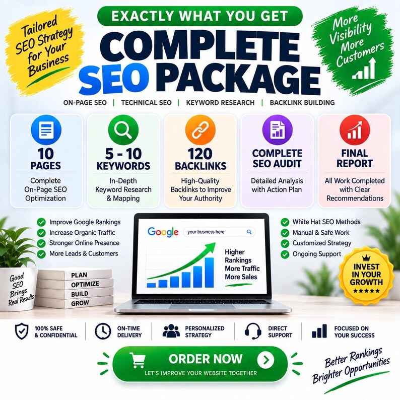 Puede incluir: Un gr&aacute;fico de marketing digital titulado COMPLETE SEO PACKAGE. Enumera servicios que incluyen 10 p&aacute;ginas de optimizaci&oacute;n, 5-10 palabras clave, 120 backlinks, una auditor&iacute;a SEO y un informe final. Un port&aacute;til muestra una barra de b&uacute;squeda Google.