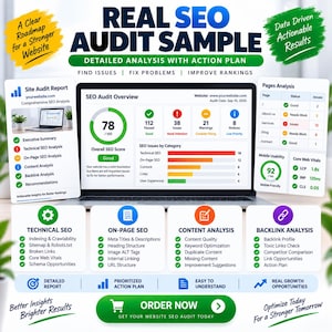 Puede incluir: Un gr&aacute;fico digital que muestra un ejemplo de auditor&iacute;a SEO real con una pantalla de port&aacute;til central que muestra una puntuaci&oacute;n global de 78, detalles del informe de auditor&iacute;a del sitio, an&aacute;lisis de p&aacute;ginas y secciones de SEO t&eacute;cnico y contenido.